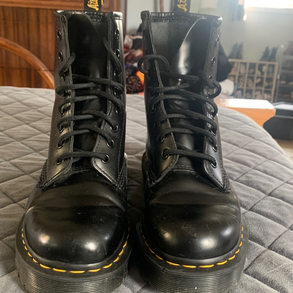 Dr. Martens Black Leather Lace-Up Combat Boots with Yellow Welt